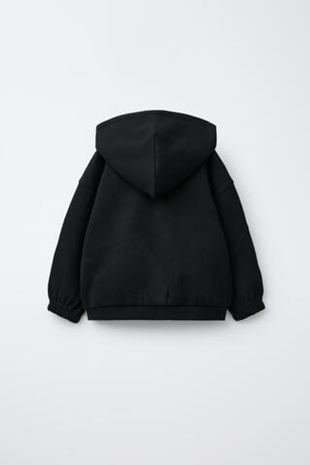 ZARA ТОЛСТОВКА INTERLOCK С КАПЮШОНОМ, МОЛНИЕЙ И ЛОГОТИПОМ, ЧЕРНЫЙ