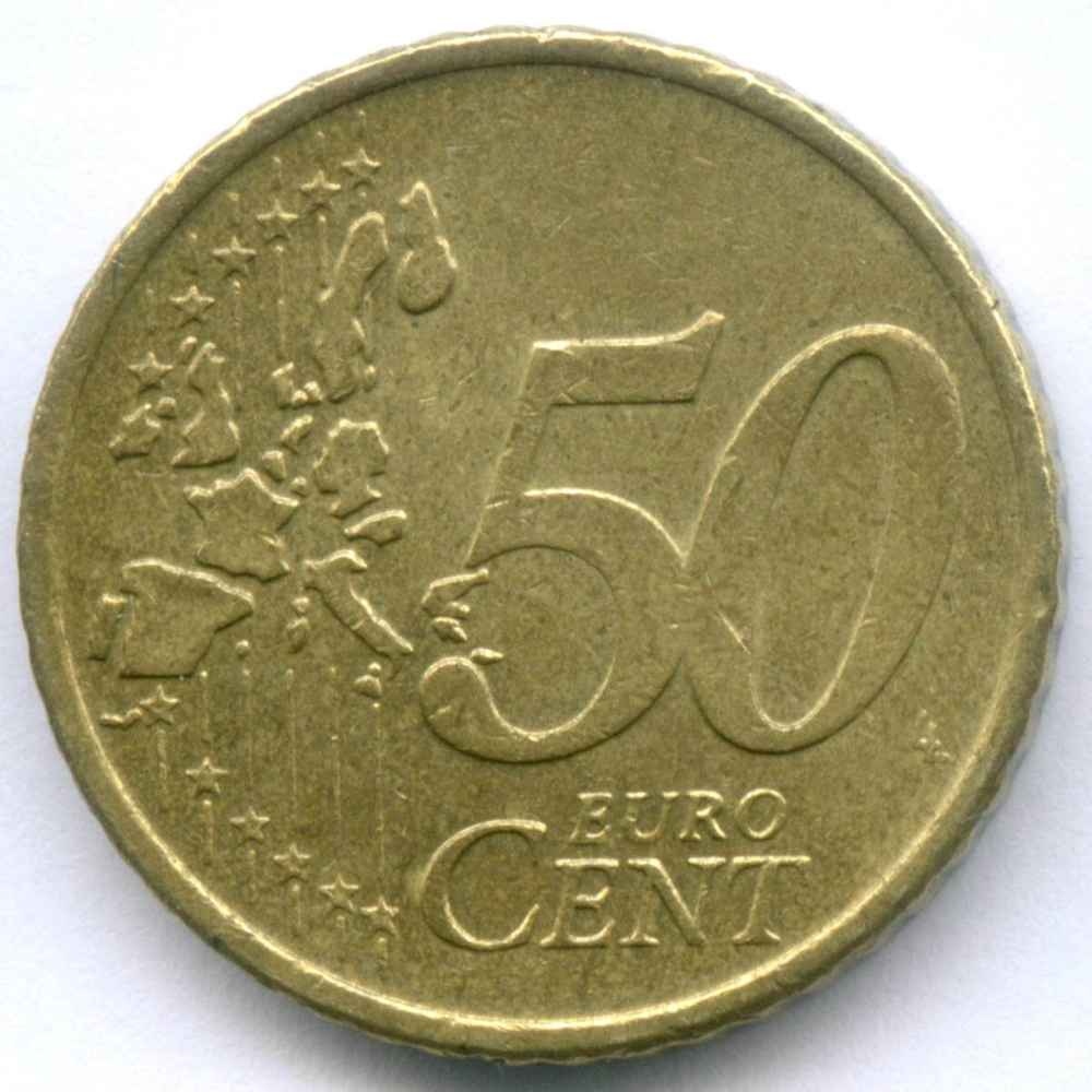 50 евроцентов 2002 год. Греция. Регулярный выпуск. Тип 1 (Разновидность - звезда без F). Нордик VF-XF