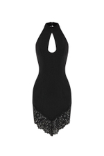 Платье мини из крепа и кружева с вырезом