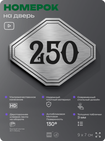 Номерок на дверь квартиры 250, для кабинета, офиса, шильдик 9 х 7 см, серебристый, Айдентика Технолоджи