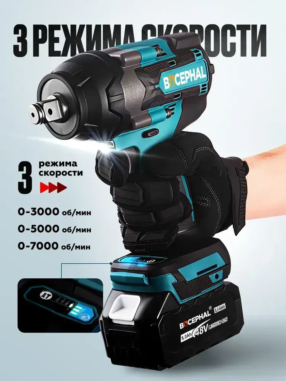 Электро Гайковёрт аккумуляторный ударный бесщёточный 1800 Hm, 7000 об/мин, 2 АКБ по 48V