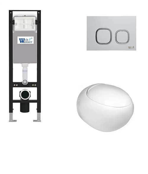 Унитаз подвесной WeltWasser AMBERG 350 + JECKENBACH 004 GL-WT + AMBERG RD-WT белый глянцевый, безободковый, с крышкой микролифт, с инсталляцией и белой кнопкой