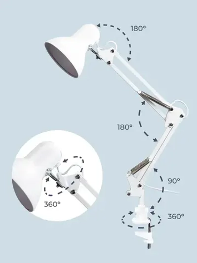 Лампа настольная Homsly с цоколем Е27, крепление струбцина, размер 23х23х12,5, цвет корпуса матовый белый, TTL_003