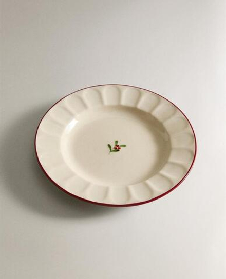 ZARA HOME НОВОГОДНЯЯ ТАРЕЛКА ДЛЯ ХЛЕБА ИЗ КЕРАМИКИ С ВОЛНИСТЫМ УЗОРОМ, БЕЛЫЙ/КРАСНЫЙ