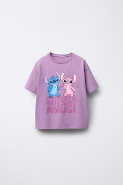 ZARA ФУТБОЛКА С БЛЕСТЯЩИМ ПРИНТОМ STITCH & ANGEL © DISNEY, ТЕМНАЯ МАЛЬВА