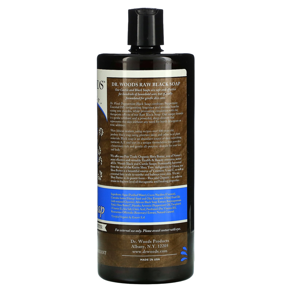 Dr. Woods, необработанное черное мыло, перечная мята и масло ши, приобретенное на основе принципов справедливой торговли, 946 мл (32 жидк. унции)