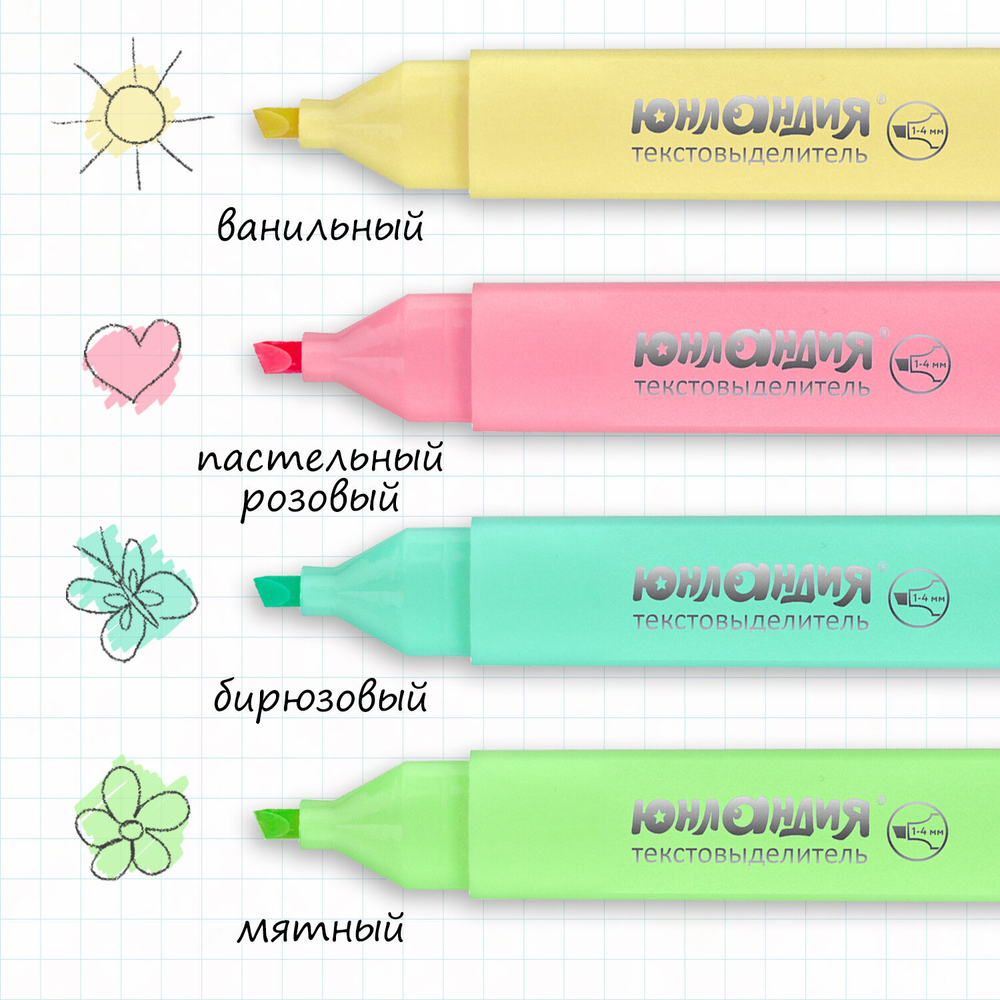 Набор текстовыделителей ЮНЛАНДИЯ 4 шт., АССОРТИ, "COLORSTAR PASTEL", линия 1-4 мм, 151716