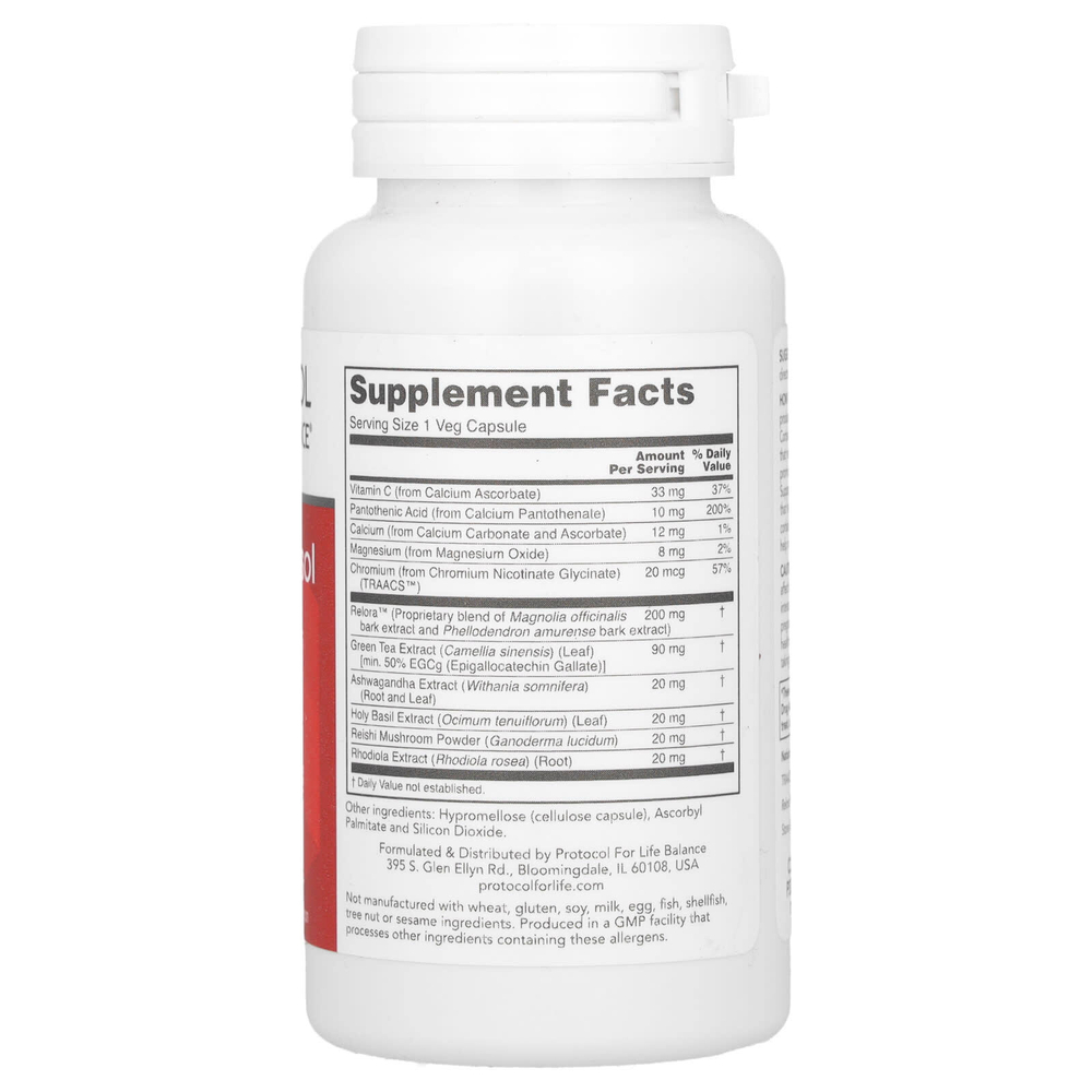 Protocol for Life Balance, Adrenal Cortisol Support с Relora, препарат для поддержки надпочечников, 90 растительных капсул