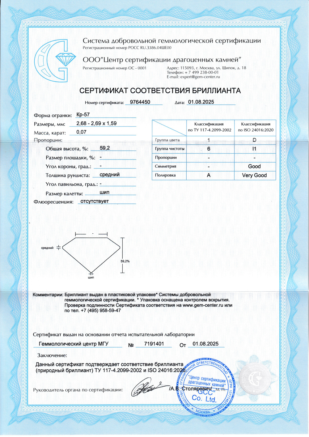 Бриллиант Кр-57 2.68 х 2.69 х 1.59 мм 1/6 0.07 ct