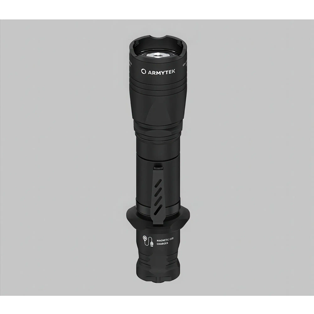 Тактический фонарь Armytek Dobermann Pro Magnet USB (теплый свет) - вид сбоку на корпус и головку