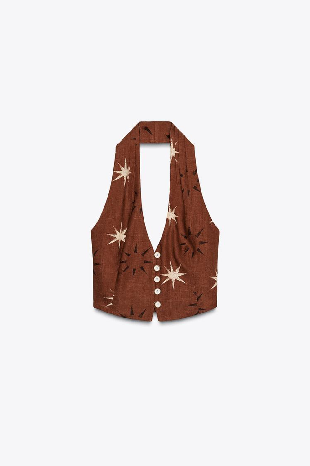 ZARA ТОП ИЗ ЛЬНА С ПРИНТОМ В ВИДЕ СОЛНЦА, ТЕРРАКОТОВЫЙ