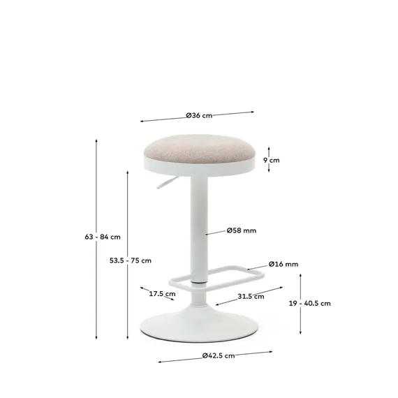 Барный табурет Zaib, 58-80 см, бежевый шенилл, белая ножка