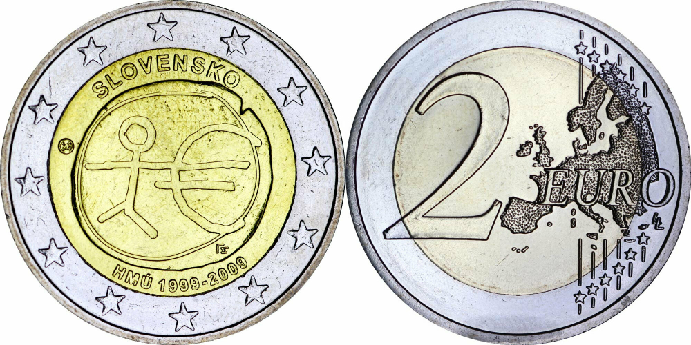 Словакия 2 евро, 2009 10 лет монетарной политики ЕС (EMU) и введения евро UNC