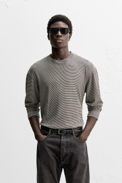 ZARA ЖАККАРДОВАЯ ФУТБОЛКА В ПОЛОСКУ, ЭКРЮ/ЧЕРНЫЙ