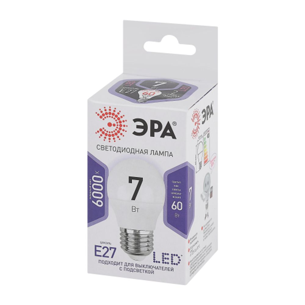 Лампа светодиодная ЭРА STD LED P45-7W-860-E27 7Вт шар холодный дневной свет Е27 | Лампы cветодиодные Шар (G/P)