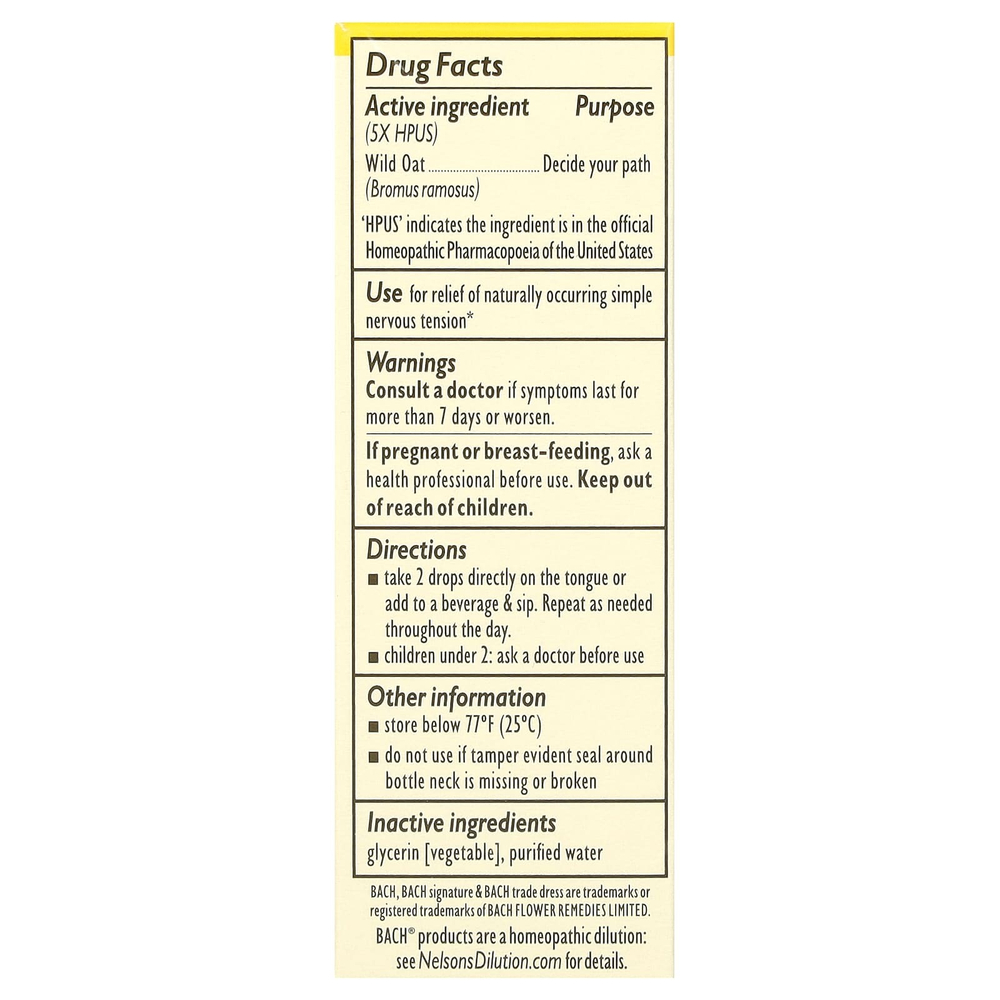 Bach, Original Flower Remedies, дикий овес, 10 мл (0,35 жидк. Унции)