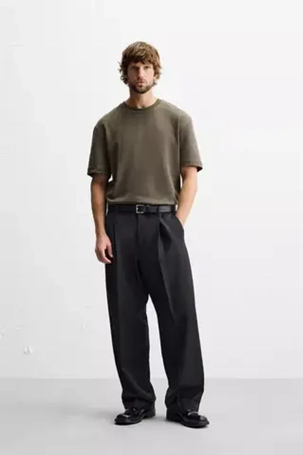 ZARA ФУТБОЛКА REGULAR FIT INTERLOCK, СЕРО-КОРИЧНЕВЫЙ