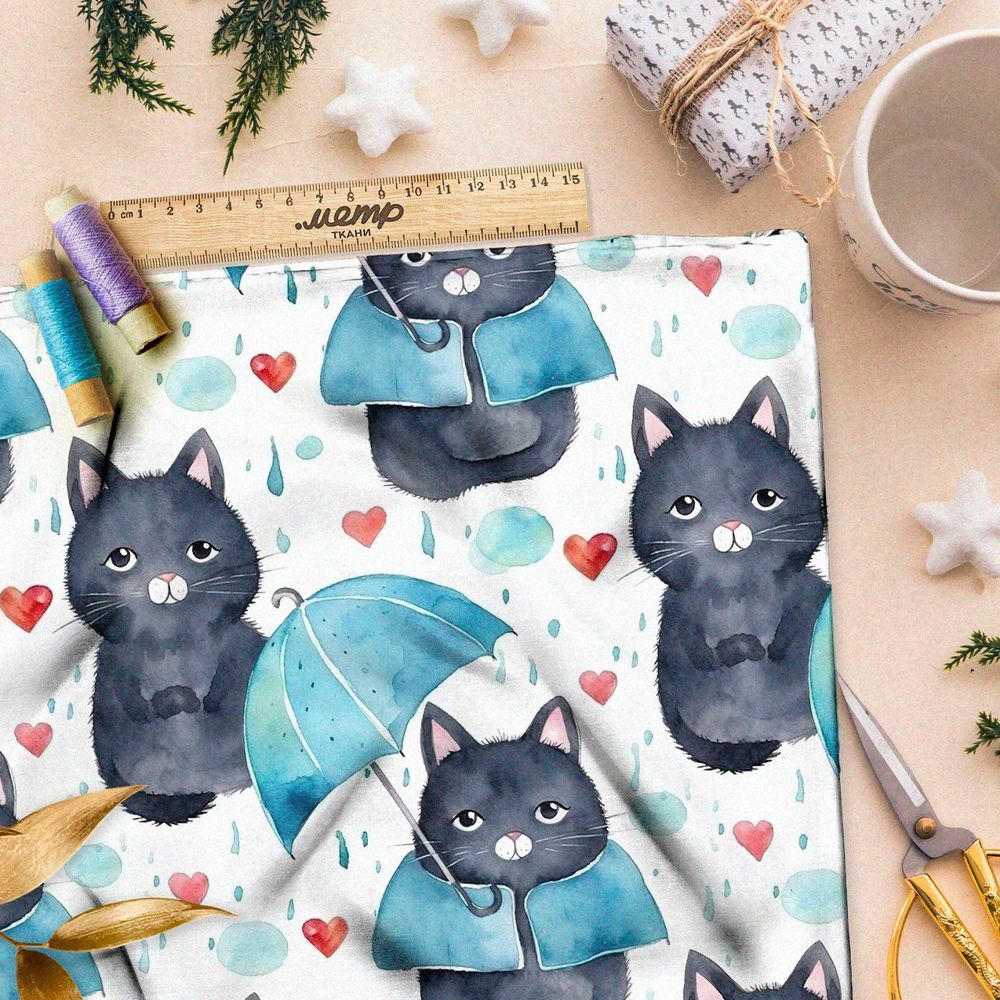 Ткань премиум бифлекс мультяшные коты под дождем