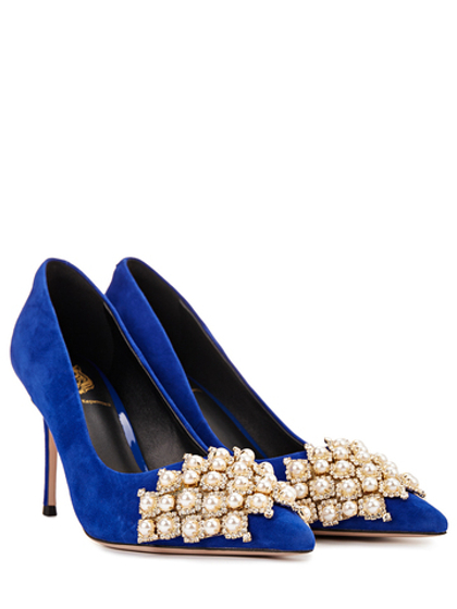 Женские замшевые туфли синие с жемчугом
