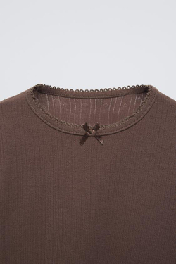 ZARA ФУТБОЛКА POINTELLE С БАНТОМ, ШОКОЛАДНЫЙ