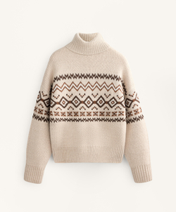 Oysho Жаккардовый трикотажный джемпер с высоким воротом, 10% шерсть, каменный