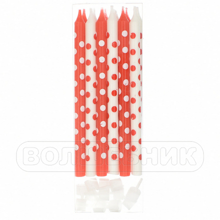 Свечи В горошек Красные и белые с держателями, высота 12 см 12 шт. #6052553