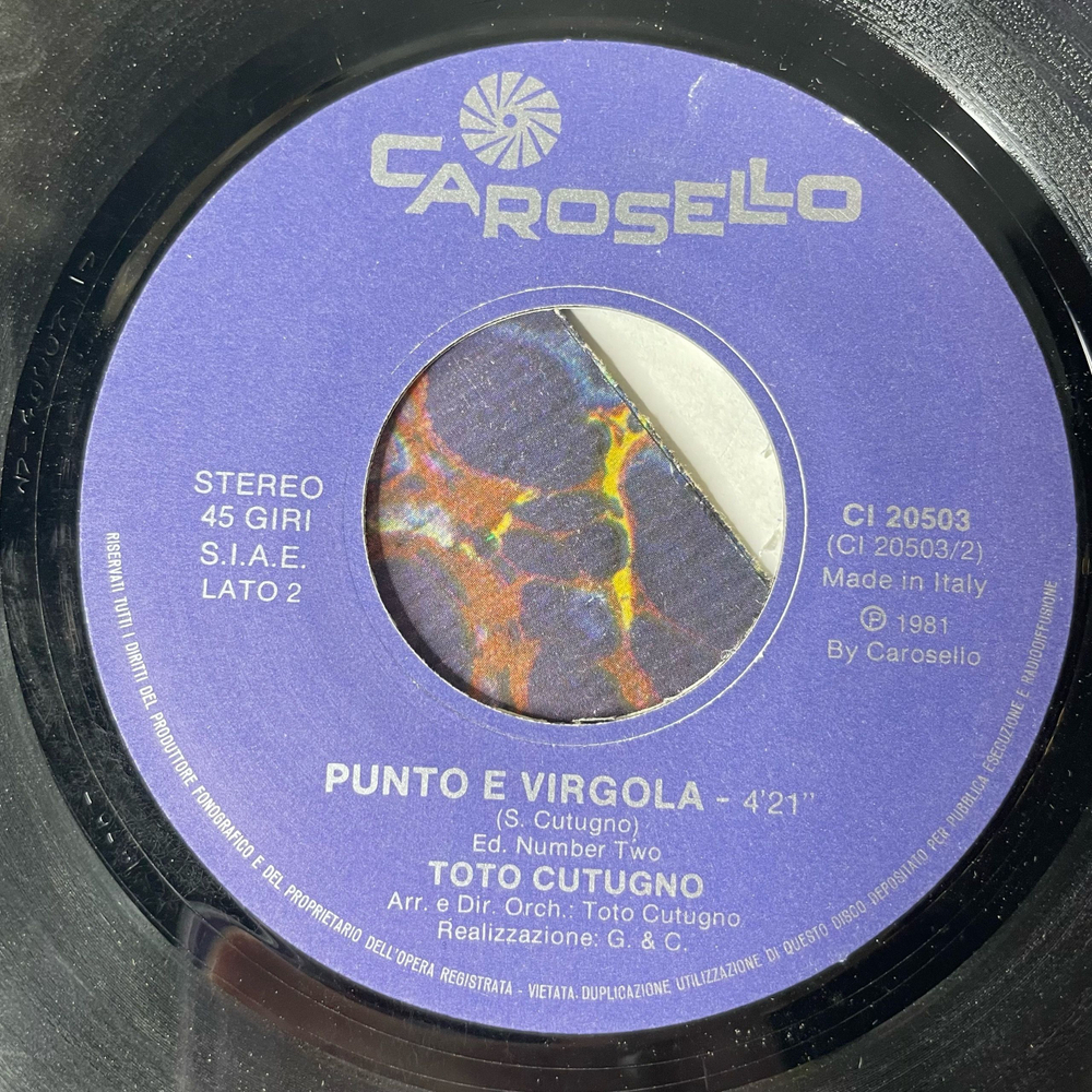 Винтажная виниловая пластинка 7 дюймов (маленькая пластинка) Toto Cutugno La Mia Musica (Италия 1981)