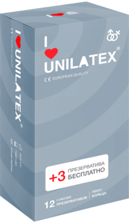 Презервативы Unilatex Ribbed 12+3 шт в подарок 