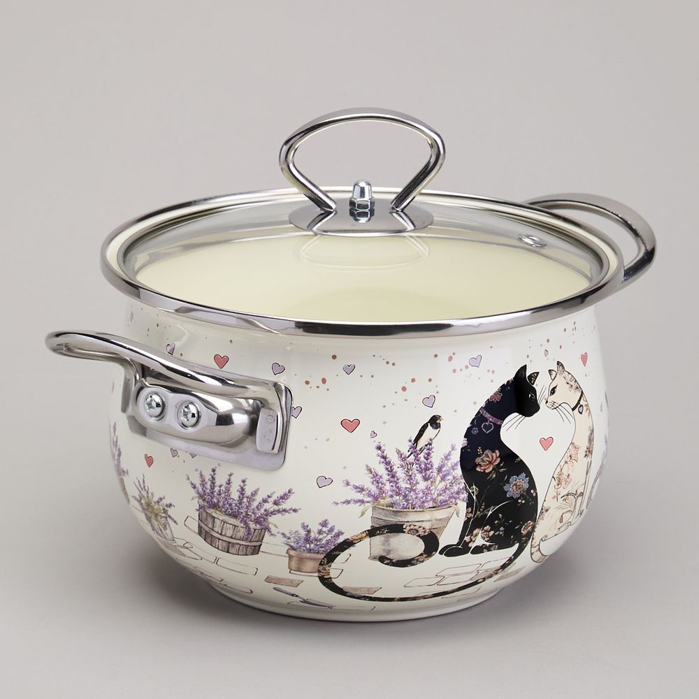 КАСТРЮЛЯ AGNESS ЭМАЛИРОВАННАЯ СО СТЕКЛЯННОЙ КРЫШКОЙ СЕРИЯ "LAVENDER CATS", 2,0 Л ДИА. 18СМ