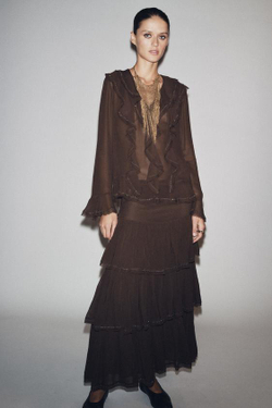 ZARA ЮБКА С ВОЛАНАМИ И БУСИНАМИ — ZW COLLECTION, КОРИЧНЕВЫЙ