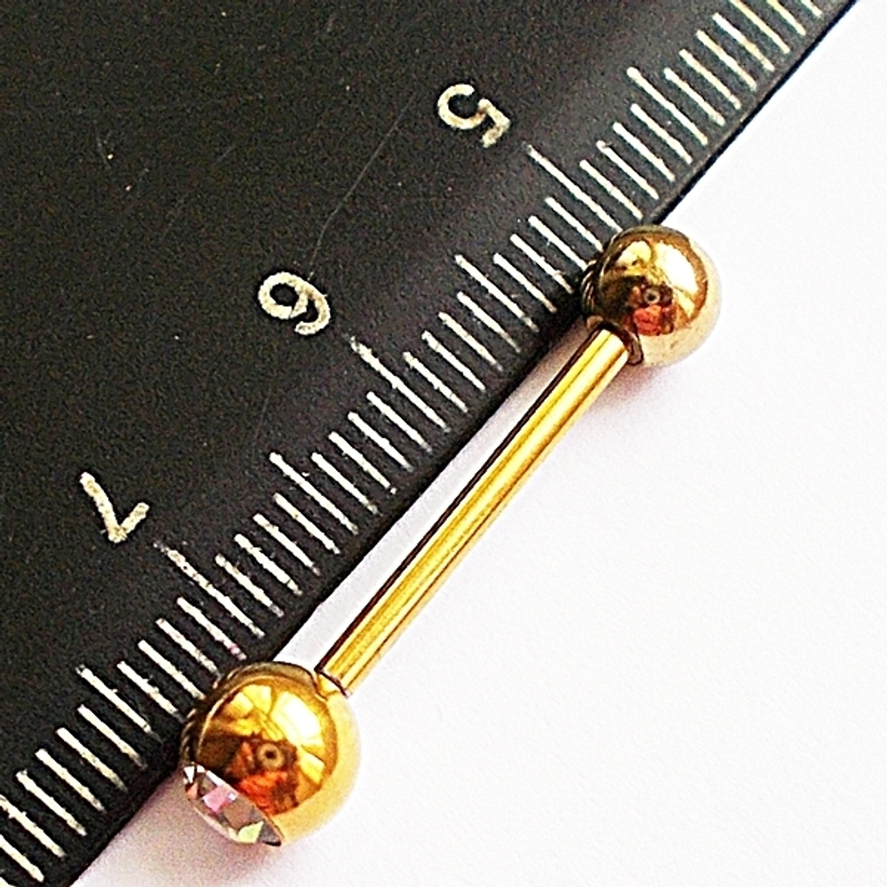 Штанга 15 мм с прозрачным кристаллом и шариком 5 мм, толщиной 1,6 мм для пирсинга языка. Медицинская сталь, золотое покрытие. 1 шт