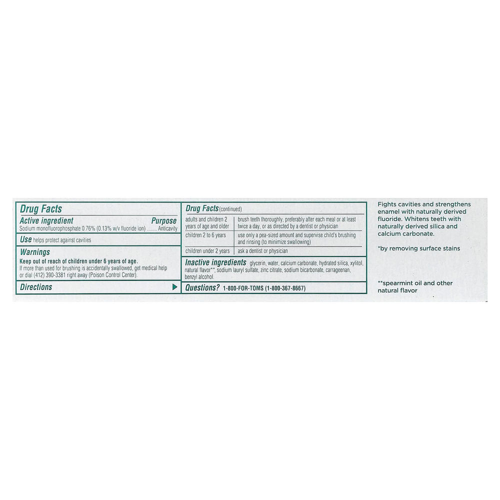Tom's of Maine, Whole Care®, Natural Anticavity Toothpaste with Fluoride, Spearmint, 4 oz (113 g)