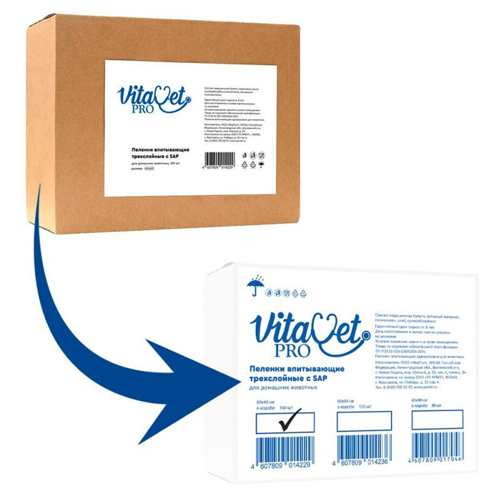 Пеленки VitaVet PRO одноразовые, трехслойные, с суперабсорбентом, 60х40 см, 160 шт.