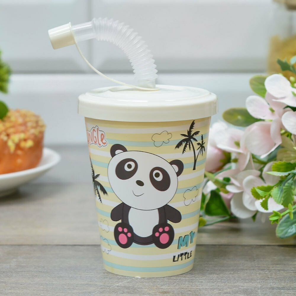 Стакан 280мл с крышкой, трубочкой и колпачком "Панда" (светло-бежевый)