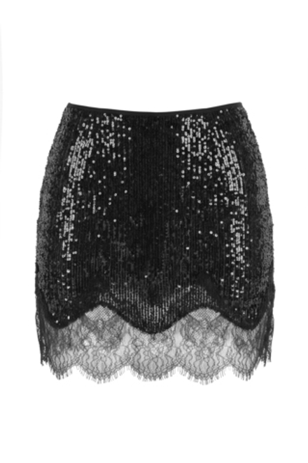 “Exstra mini” Прозрачная юбка мини из пайеток с кружевом.