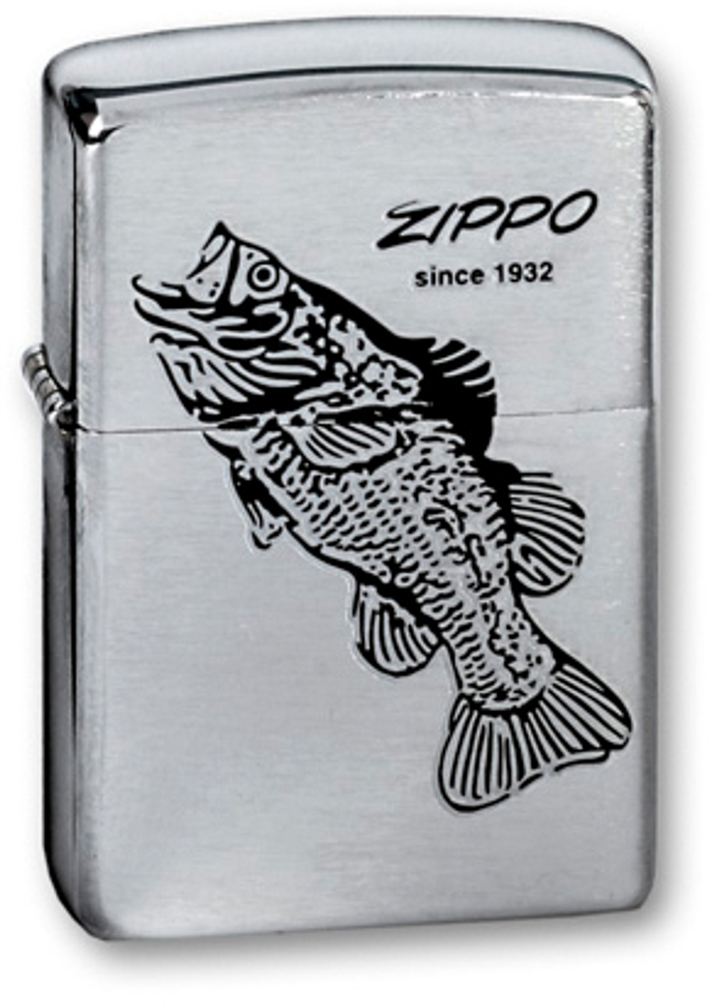 Легендарная классическая американская бензиновая широкая зажигалка ZIPPO Classic Brushed Chrome™ Изображение окуня  серебристая матовая из латуни и стали ZP-200 BLACK BASS