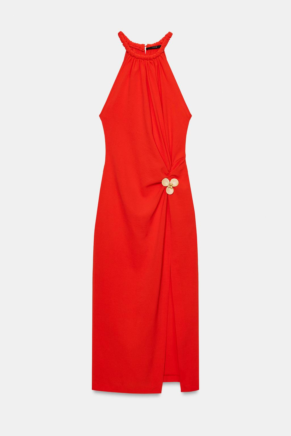 ZARA ПЛАТЬЕ МИДИ С ГОРЛОВИНОЙ ХАЛТЕР И ФУРНИТУРОЙ, КОРАЛЛОВО-КРАСНЫЙ