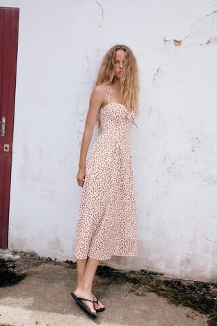 ZARA ПЛАТЬЕ МИДИ ИЗ ПОПЛИНА, БЕЛЫЙ/КРАСНЫЙ