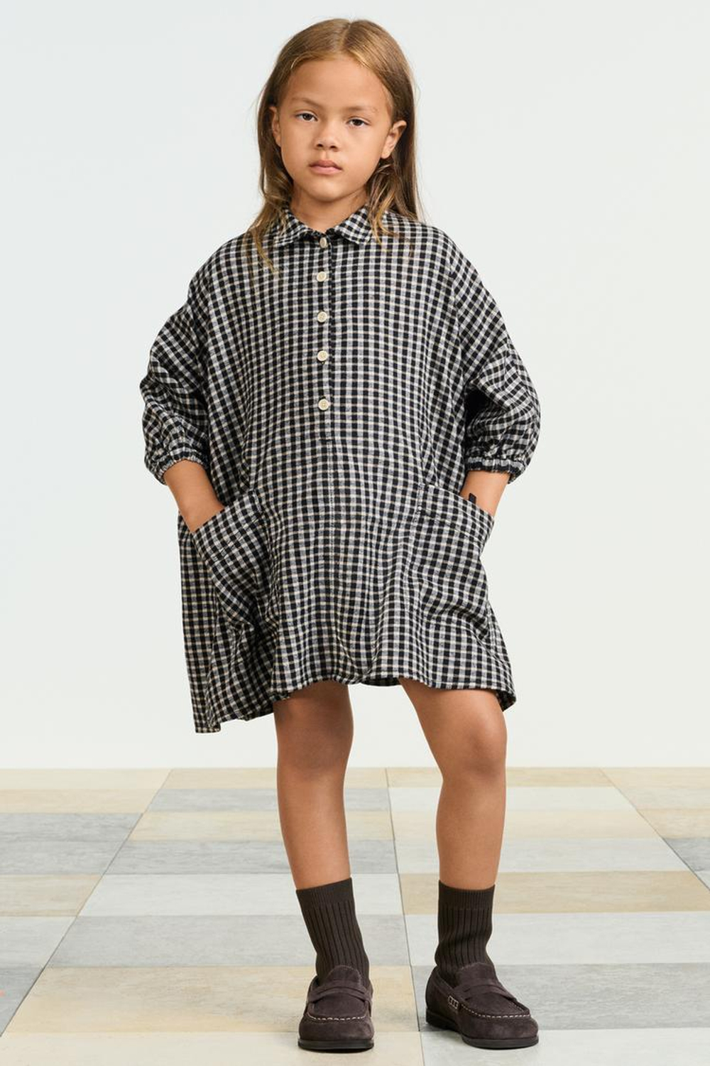 ZARA ПЛАТЬЕ-РУБАШКА В КЛЕТКУ, ЧЕРНЫЙ