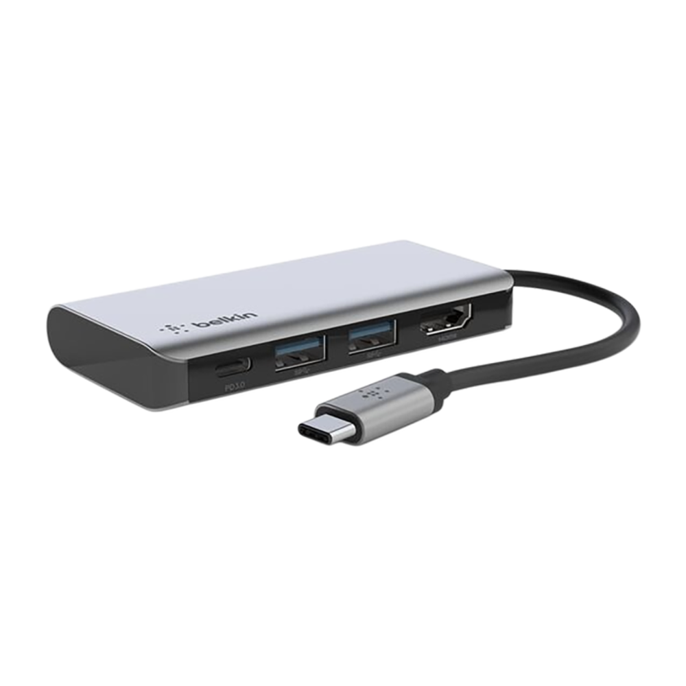 USB-Хаб Belkin Connect (USB-C) (AVC006) Подключение: встроенный кабель USB-C (16 см). Порты: USB-C 3.2 Gen 1 (PD 3.0 100 Вт), 2 USB-A 3.2 Gen 1 (BC 1.2), HDMI 1.4 (до 4K 30 Гц)