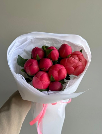 9 красных пионов