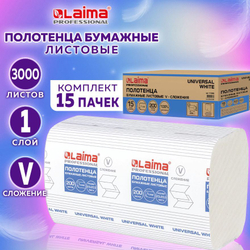 111342 Полотенце бумажное V-сложеное LAIMA UNIVERSAL WHITE 1-слойное БЕЛОЕ (200л/15уп)