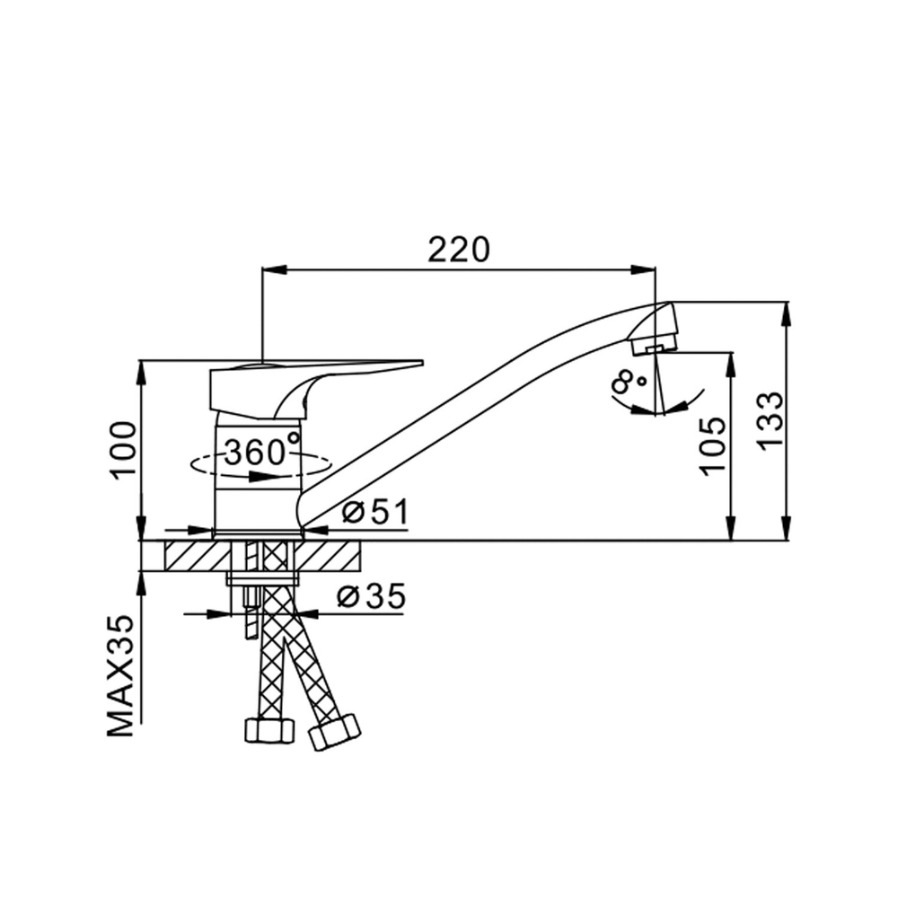 Смеситель для кухни 40к F4204 FRAP (плоский пов.излив, п/шпильку, хром, латунь)