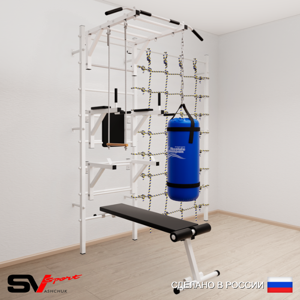 Шведская стенка Sv Sport усиленная 66310 (Турник рукоход/Брусья/Стойка/Скамья/Трапеция/Цепь/Мешок 15кг/Канатный лаз)