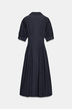 ZARA ПЛАТЬЕ МИДИ ИЗ ПОПЛИНА С ОБЪЕМНЫМИ РУКАВАМИ, МОРСКОЙ СИНИЙ