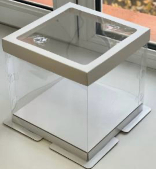 Коробка под торт ПРЕМИУМ с пьедесталом прозрачная,300*300*280 мм (белая)