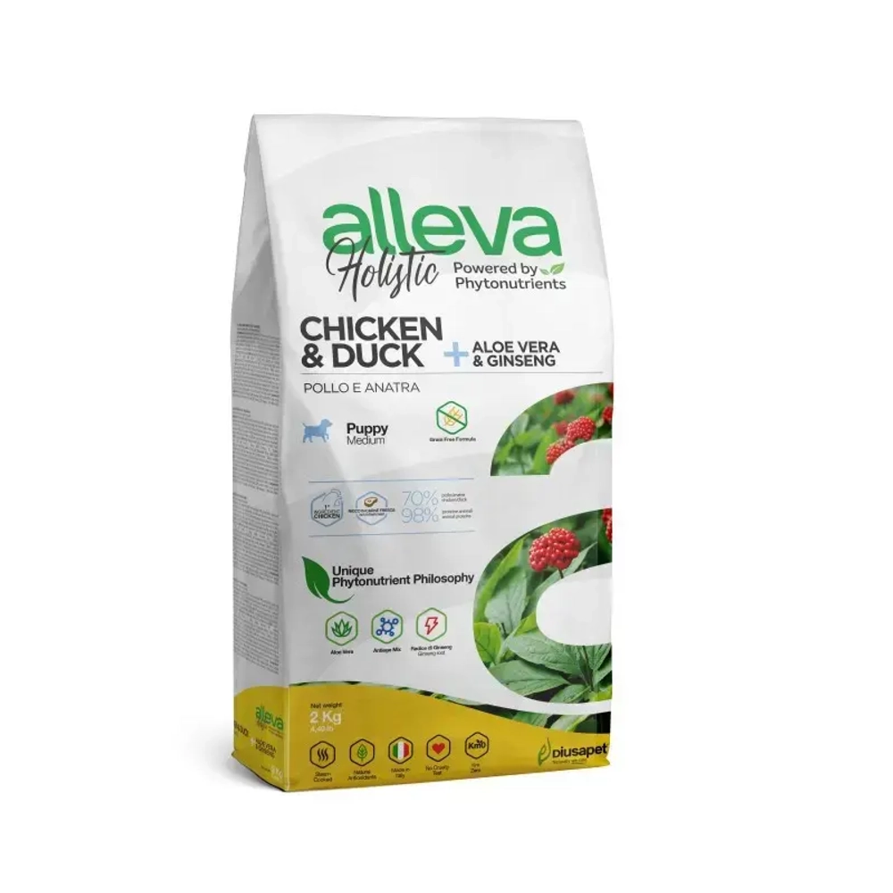 Alleva holistic puppy/junior chicken medium сухой корм для щенков и юниоров с курицей и уткой, алое вера и женьшенем - 2 кг