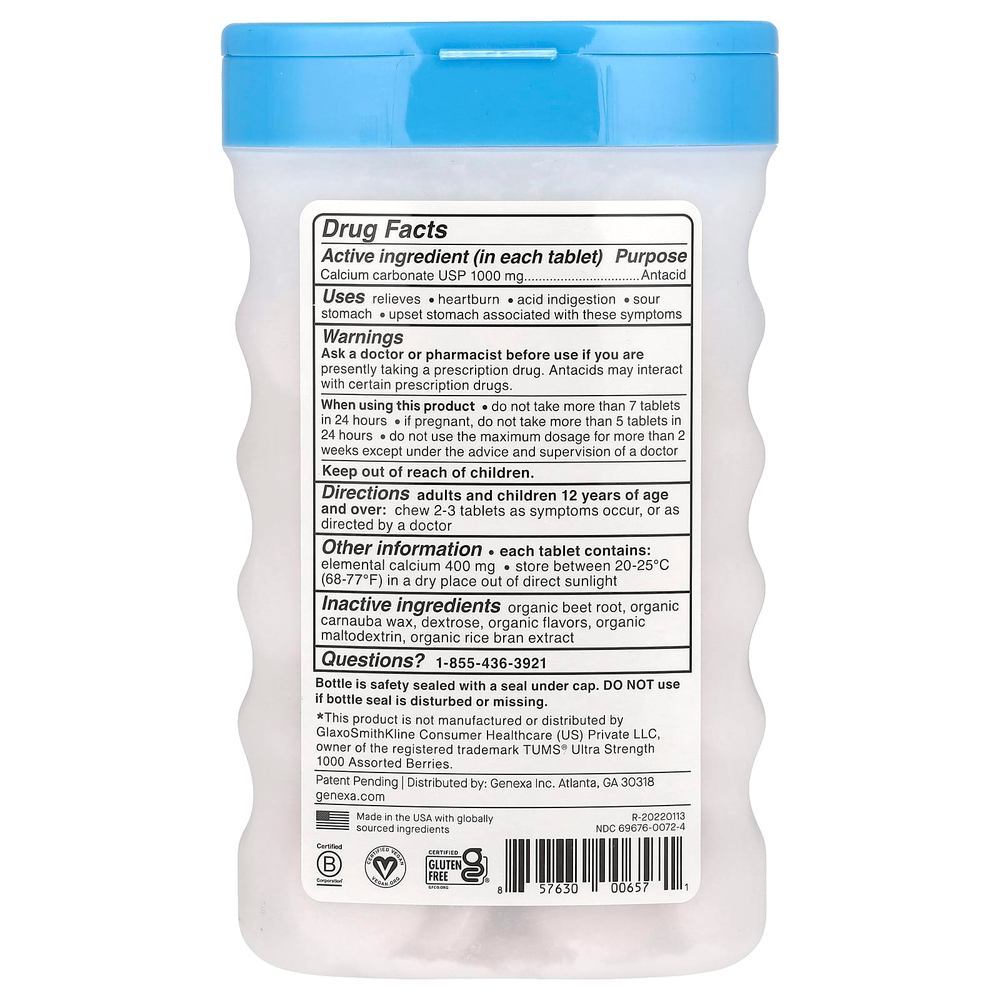 Genexa, Антацид, максимальная эффективность, органические ягоды и ваниль, 1000 мг, 72 жевательные таблетки
