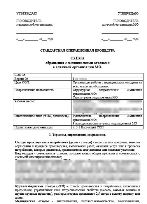 СОП «Схема обращения с медицинскими отходами в аптечной организации МО» в больничной аптеке