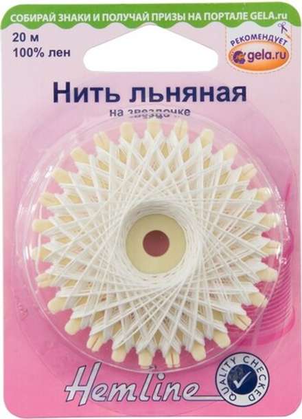 Нить льняная на звездочке HEMLINE, 100% лён, белая, 20 м. (10216100/160418/0019485/1_Австралия)